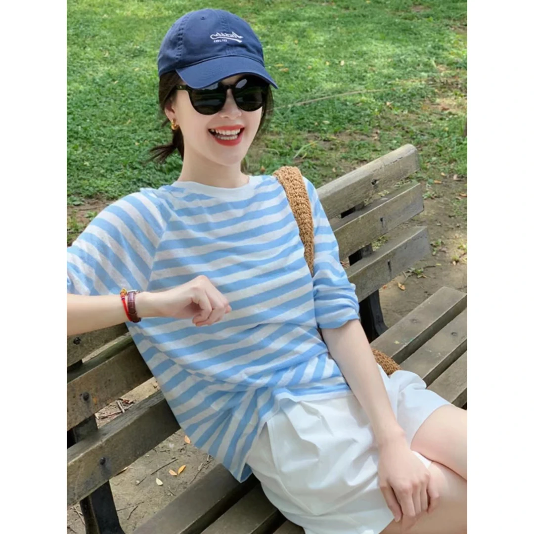 蓝白条纹网纱薄款冰丝针织衫女长袖罩衫上