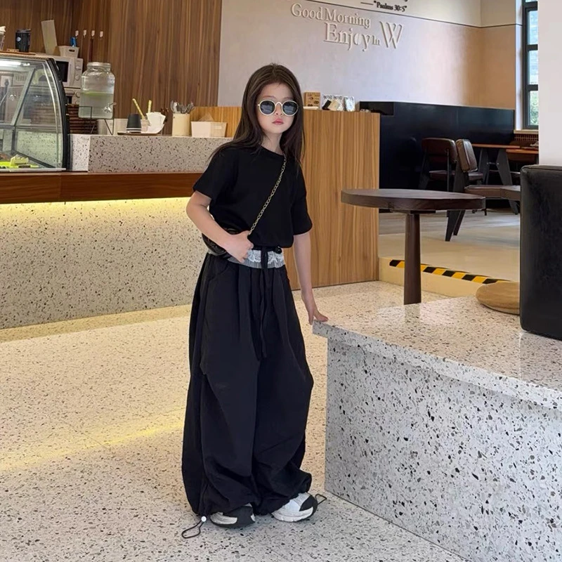 R25245女童韩版夏季新款百搭纯色短袖速干花边屁帘休闲裤两件套