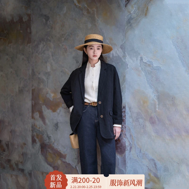 言作早春新品法国长纤亚麻长绒棉翻驳领百搭复古西装 灯光和花火