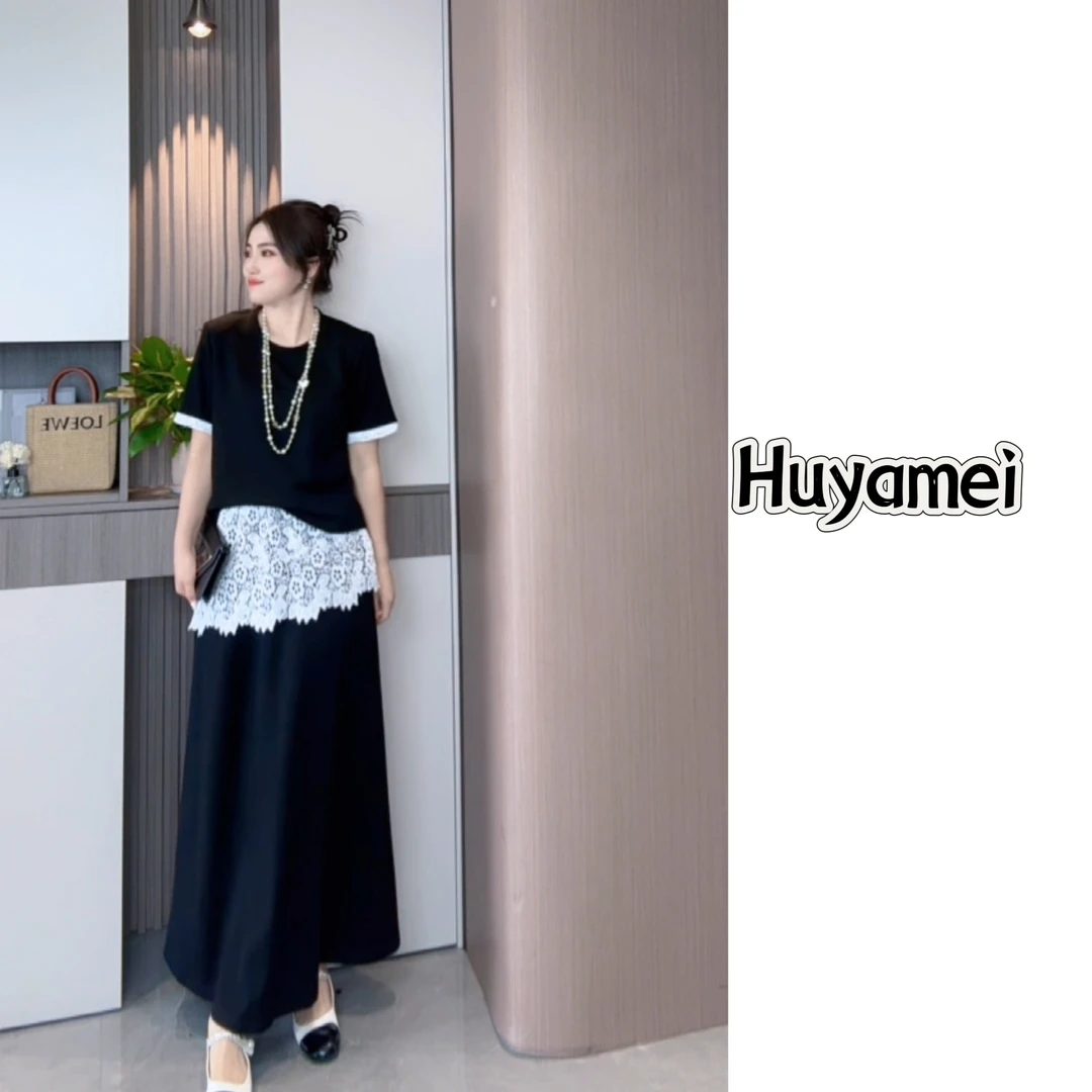 法式气质蕾丝拼接短袖T恤半身裙套装春夏新款显瘦设计