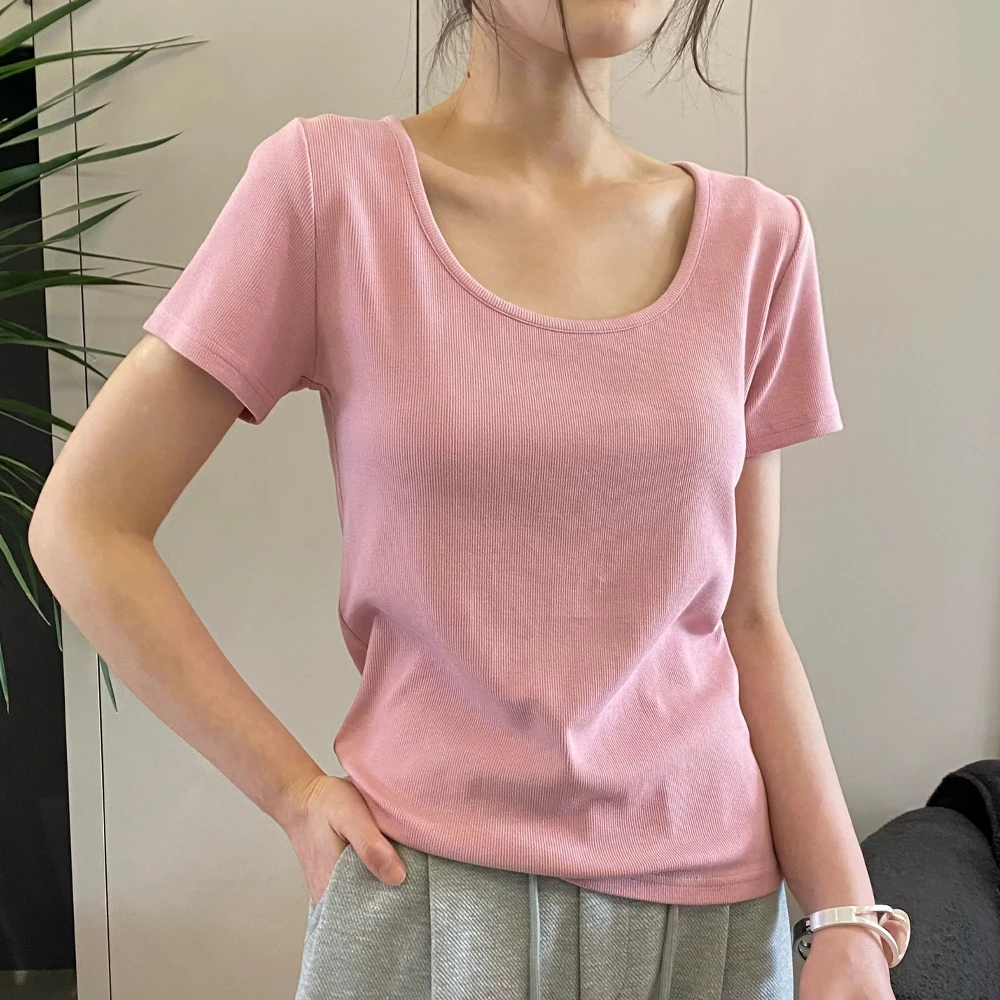 螺纹棉质大圆领夏季薄款修身简约基础款复古休闲百搭显瘦T恤上衣