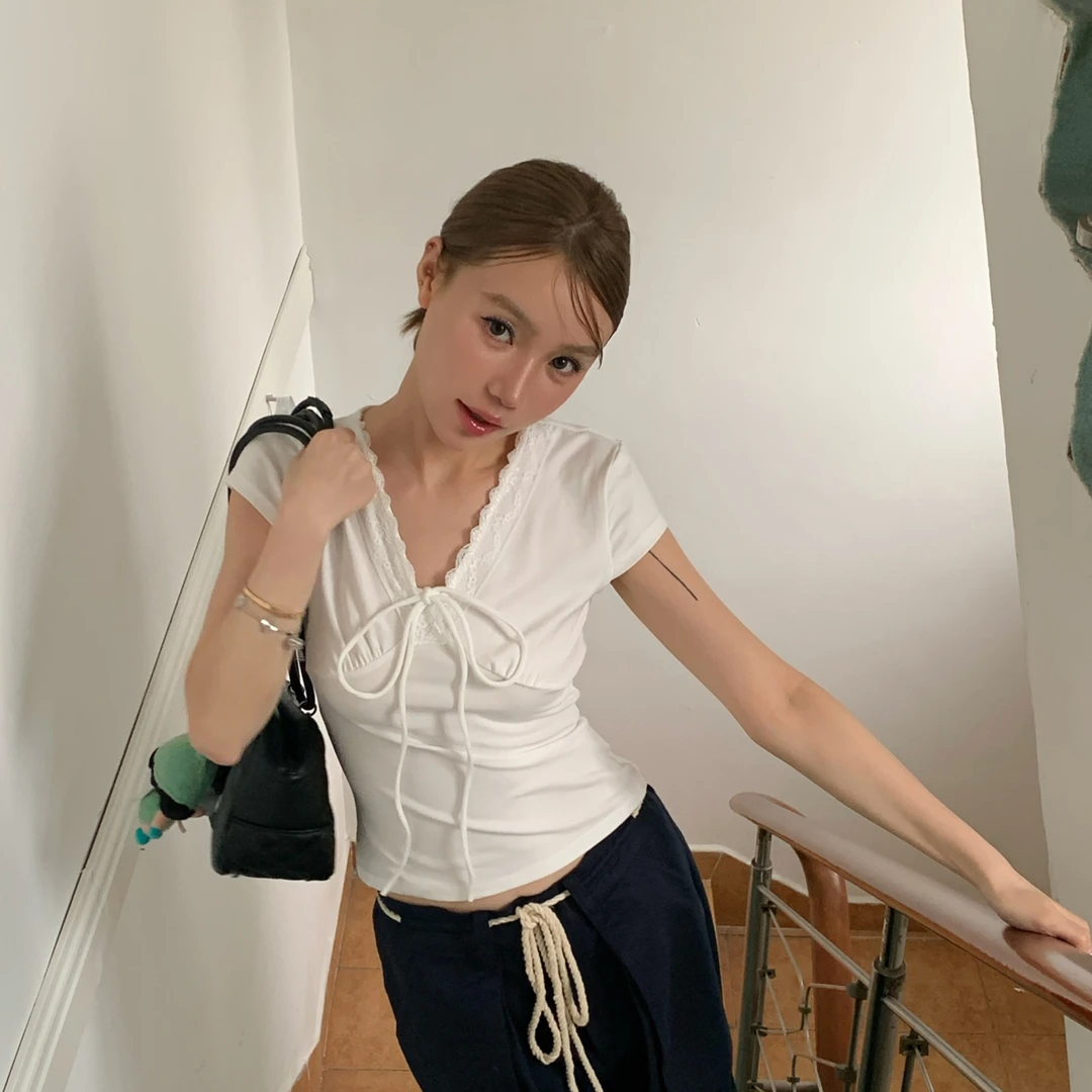 系带蕾丝边设计纯欲风T恤上衣#9166