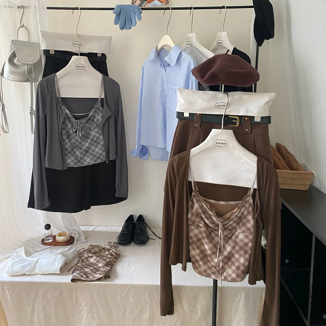 美式辣妹格纹系带褶皱吊带套装女秋外搭净色开衫小个子短款两件套