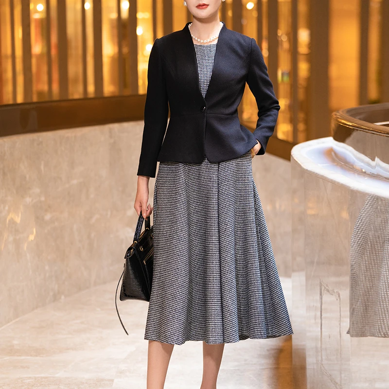 小香风显瘦两件套针织冬季新款黑色千鸟格裙子气质秋冬洋气套装