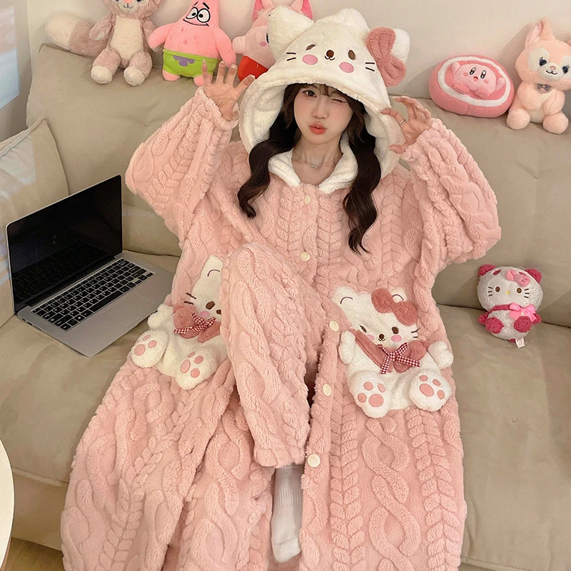 冬季睡衣女睡袍珊瑚绒加绒加厚长袍浴袍法兰绒家居服套装粉色甜美