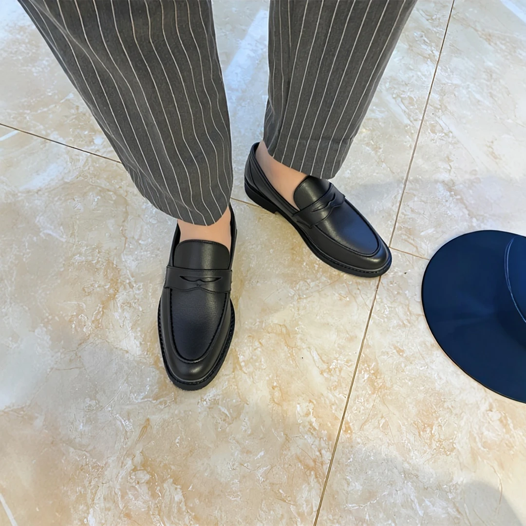 黑色男皮鞋百搭软底真皮透气商务一脚蹬厚底简约舒适休闲乐福鞋