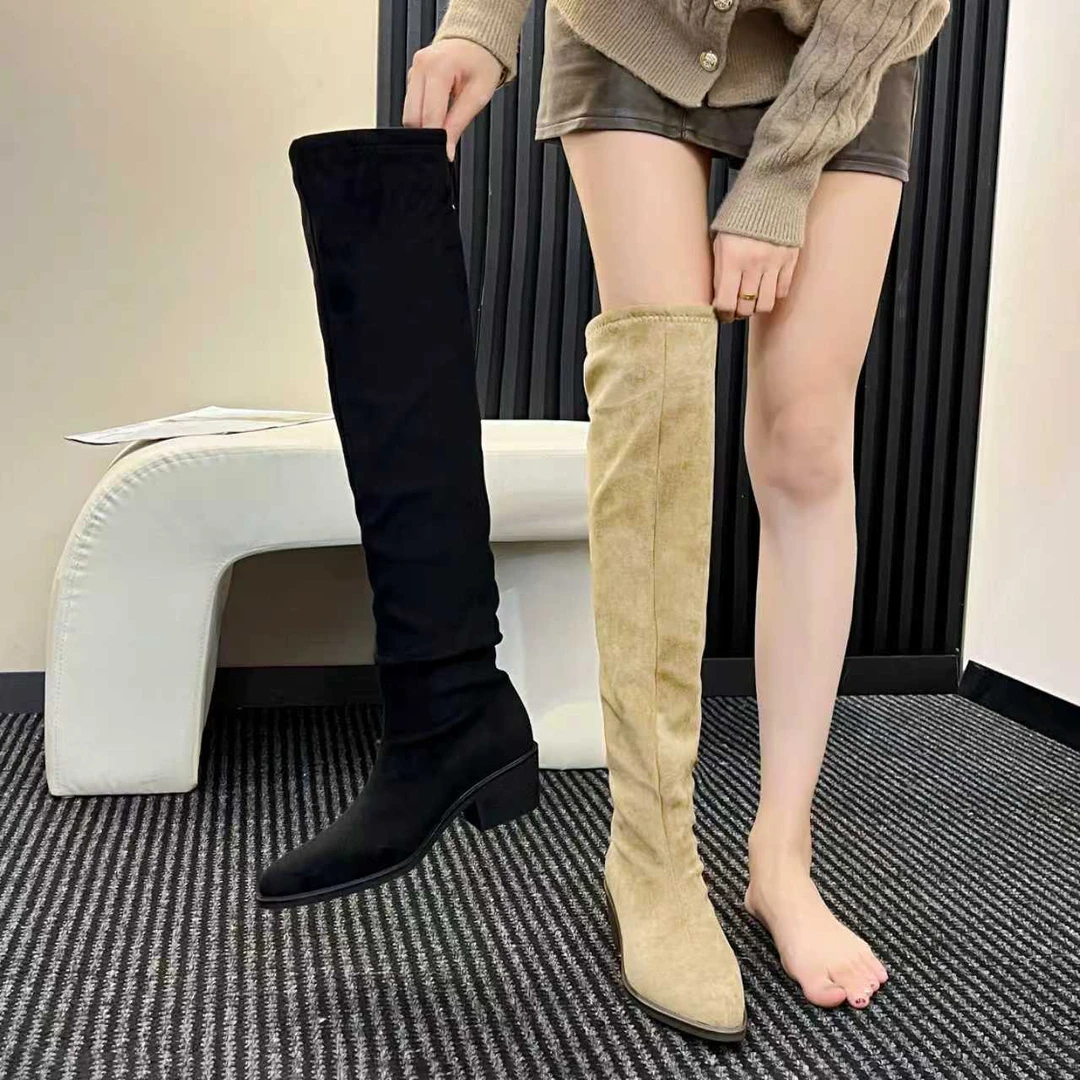 【9120】过膝时装靴褶皱靴女鞋时尚长筒粗跟高跟加绒秋冬瘦瘦靴