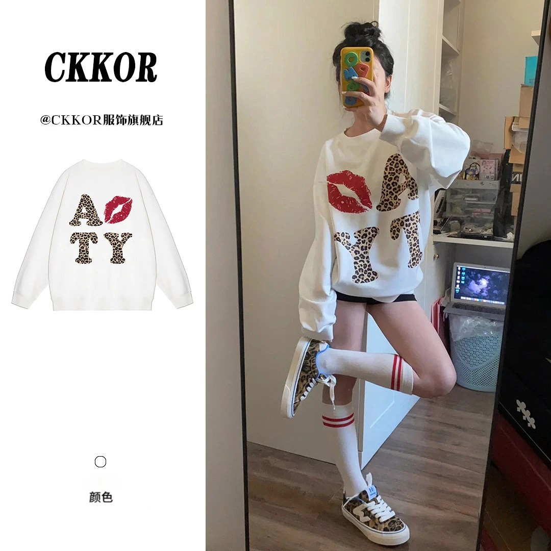 CKKOR冬季新款加绒加厚圆领卫衣女慵懒风宽松时尚潮流复古感女装