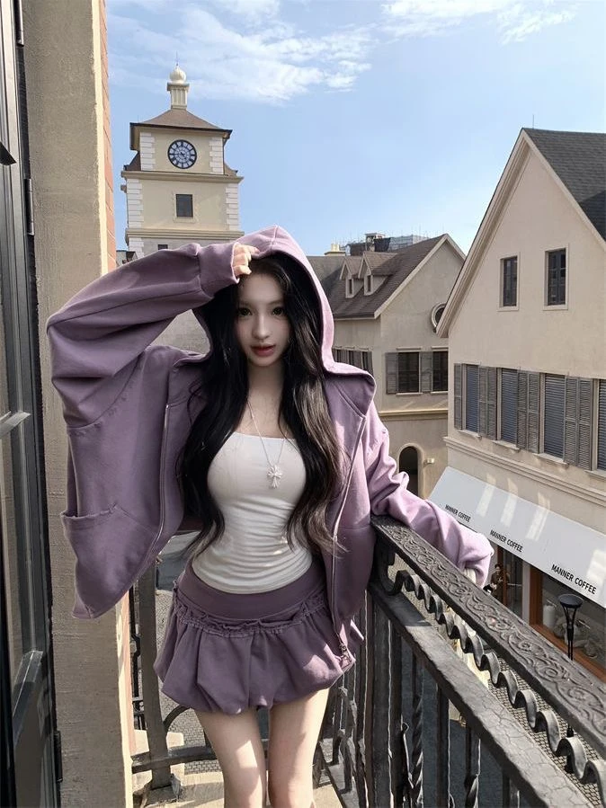 紫色慵懒连帽长袖卫衣宽松短款外套休闲套装秋季小个子花苞短裙