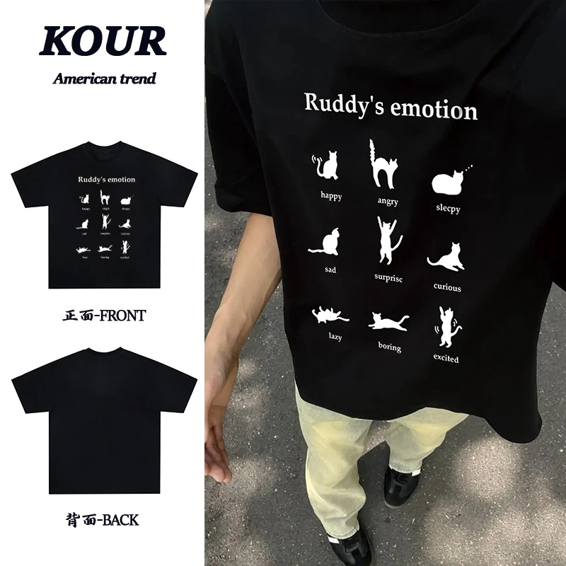 oversize美式复古国夏季小众字母小猫纯棉短袖T恤男女宽松情侣款