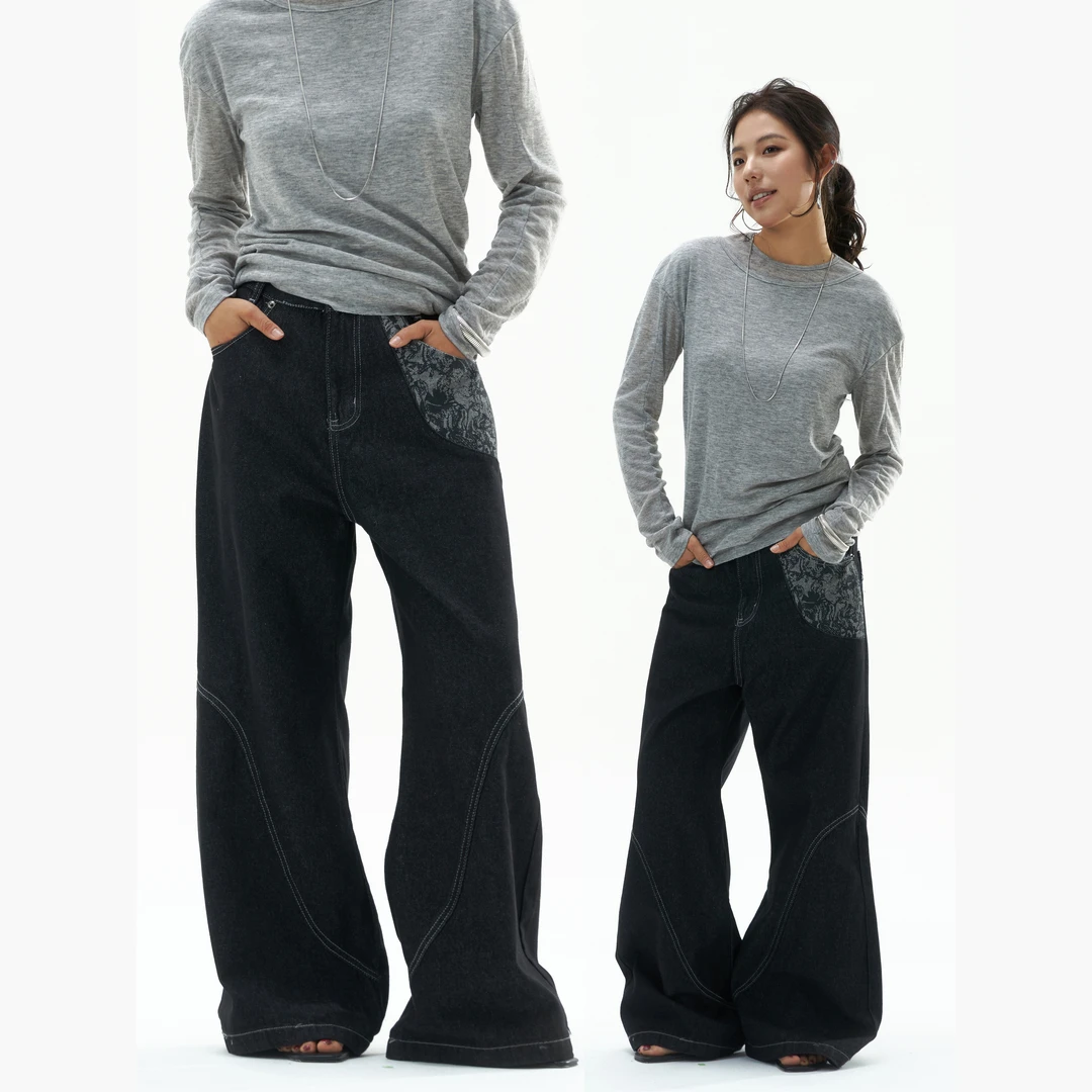 Mcetrap美式复古水洗做旧牛仔裤女秋季印花拼接高腰显瘦直筒裤