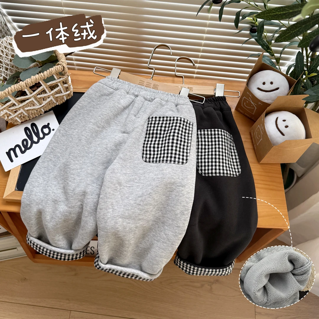 儿童冬季加绒休闲裤男童一体绒长裤女宝宝保暖直筒裤小童格子厚裤