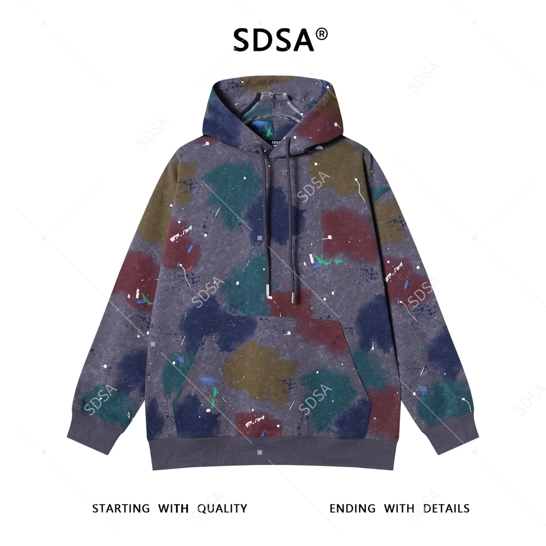 SDSA男士秋冬新款痞帅男装扎染彩色印花泼墨抽绳连帽卫衣百搭宽松