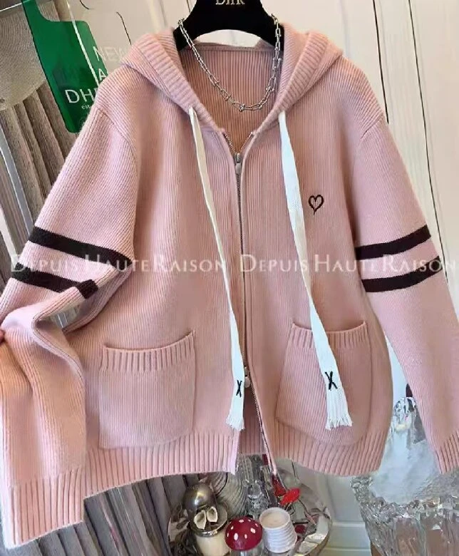 百搭针织连帽韩版宽松小众开衫休闲慵懒风女毛衣秋冬季薄款针织衫