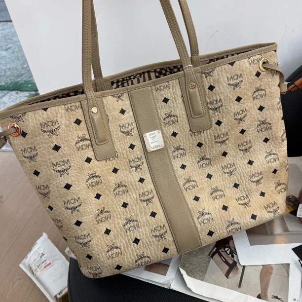 99新 MCM 大麦中古/mcm米色中号子母托特包/中号托特