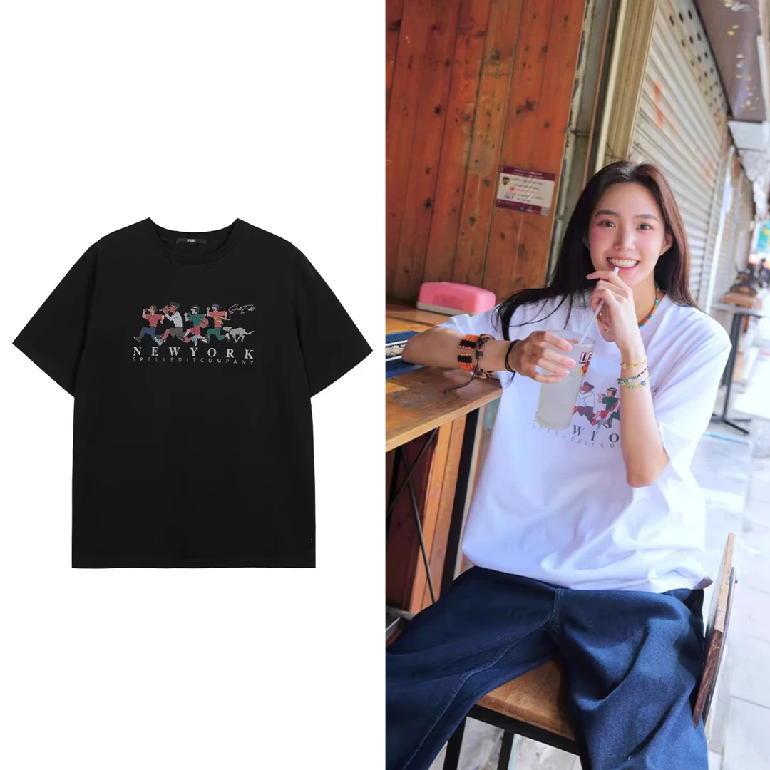 A05 SPELL2025新品纽约马拉松T恤纯棉圆领印花时尚上衣女复古宽松