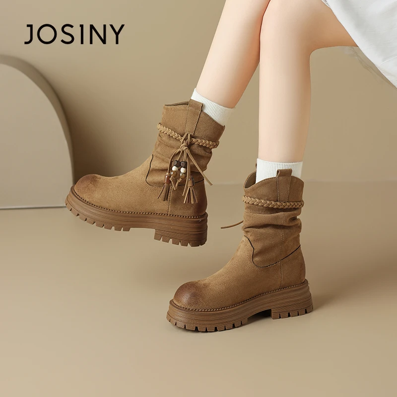 卓诗尼秋冬新款厚底显高保暖加绒流苏珠串显瘦一脚蹬民族风堆堆靴