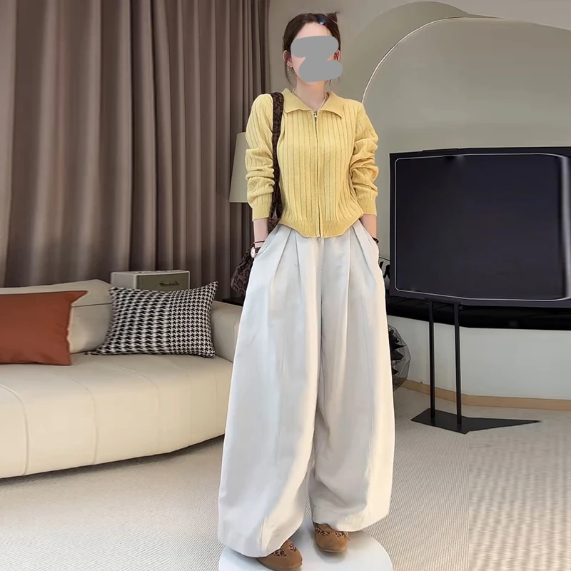 网红洋气炸街套装女2026年春秋新款翻领长袖针织开衫阔腿裤两件套