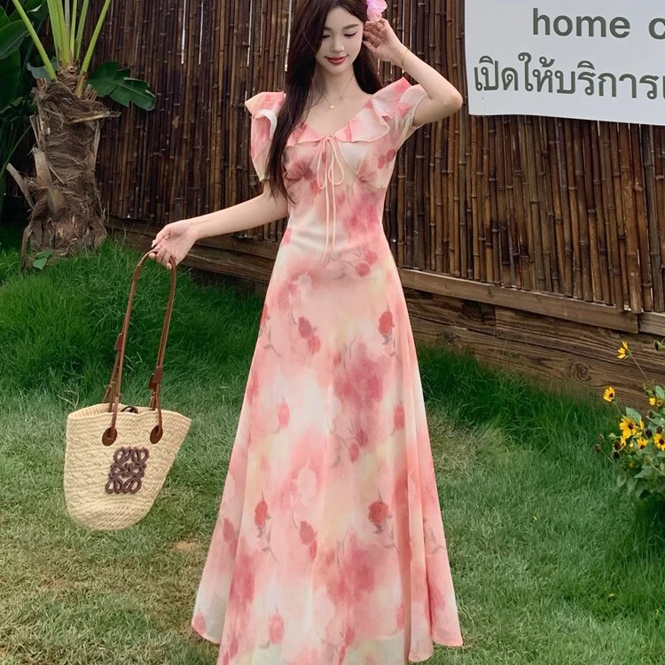 夏季新款胖mm温柔荷叶边V领泡泡袖碎花连衣裙系带显瘦印花裙