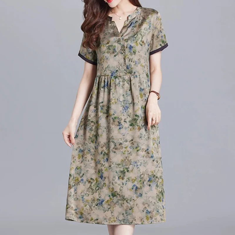 夏季真丝珍珠缎连衣裙v领宽松透气显瘦时尚印花桑蚕丝女裙 长107