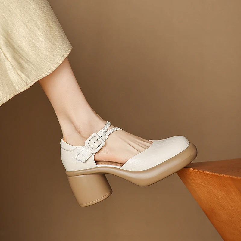 羊皮7公分/夏季新款粗跟厚底包头凉鞋时尚百搭圆头增高真皮女鞋