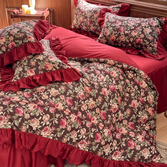 新款全棉法式公主风床裙款韩式活性印花红色婚庆四件套床罩款