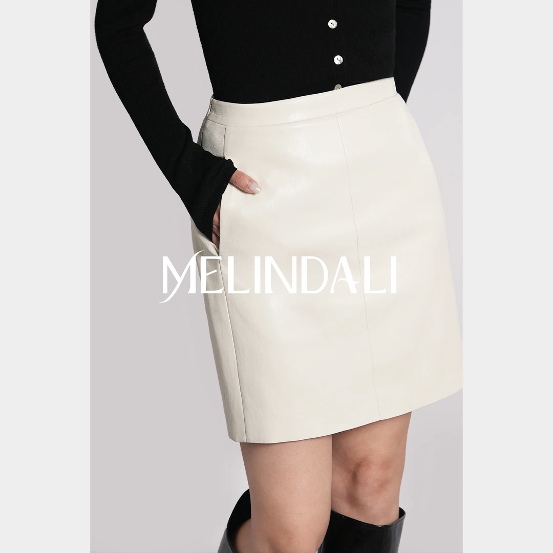 Melinda Li【奶油皮裙】复古老钱风环保蛋白皮修身直筒开叉长款半裙