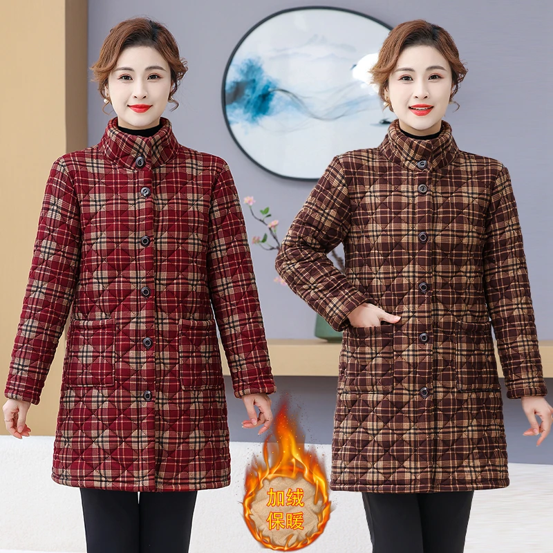 棉衣冬季保暖立领中年秋冬格子妈妈装女装加厚加绒中老年女装大码