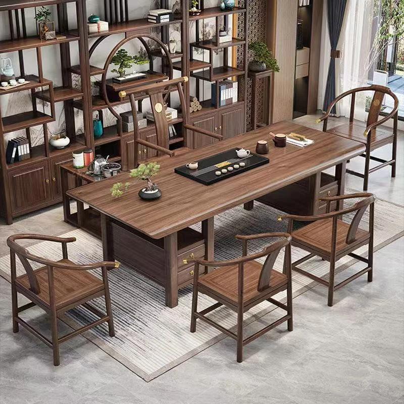 乌金木云舒大板茶桌椅组合新中式实木一桌五椅茶几客厅家用办公室