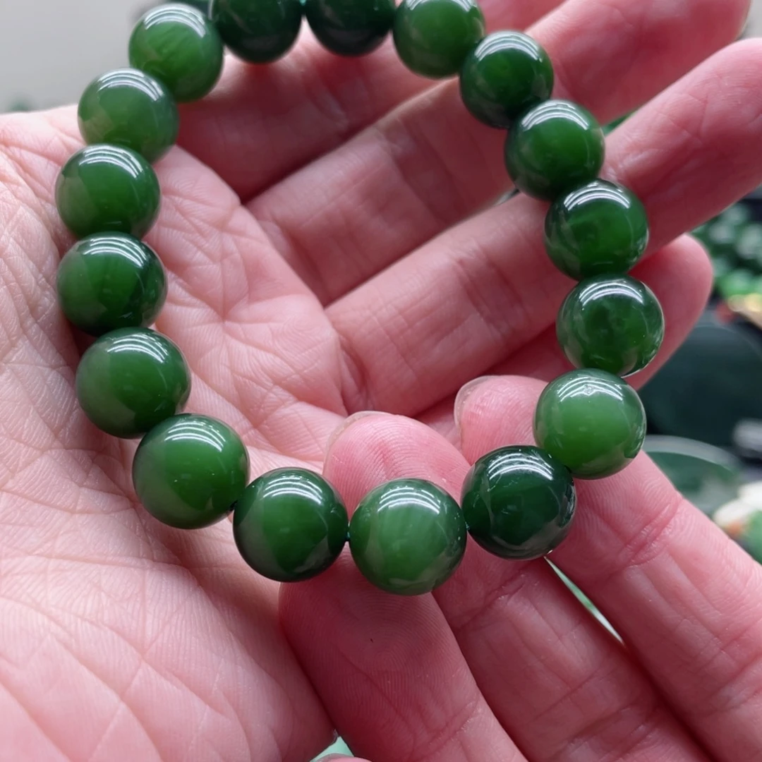 和田玉（碧玉）未镶嵌手链12mm菠菜绿俄7
