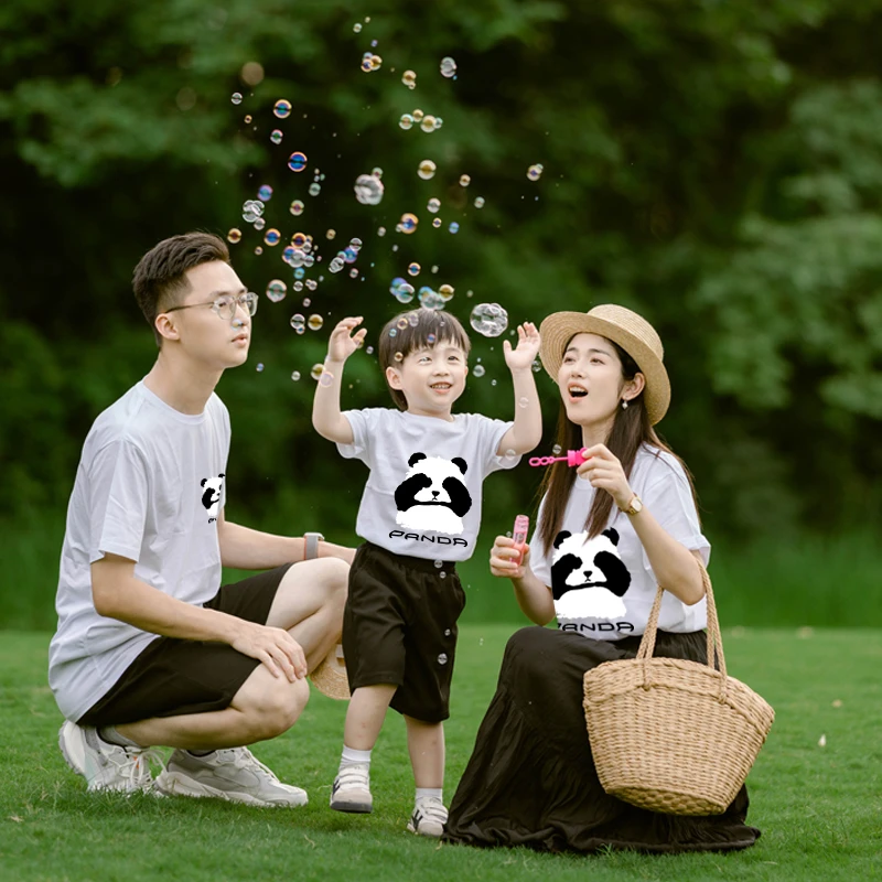 亲子装夏季短袖2025新款潮儿童熊猫母子女T恤洋气班服全家款上衣