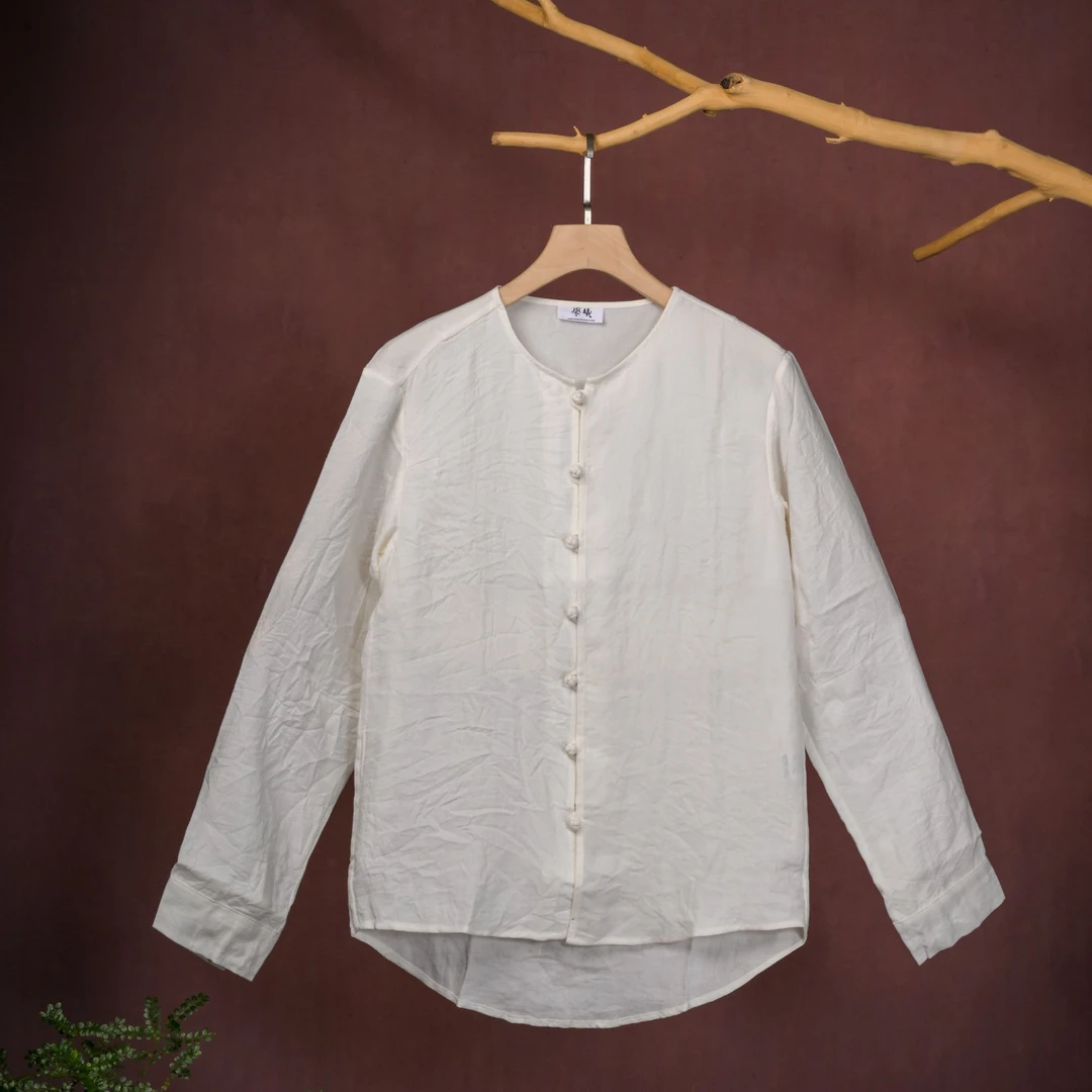 Sevensee/柒曦华服中式薄款唐装盘扣休闲衬衫白色复古长袖衬衣