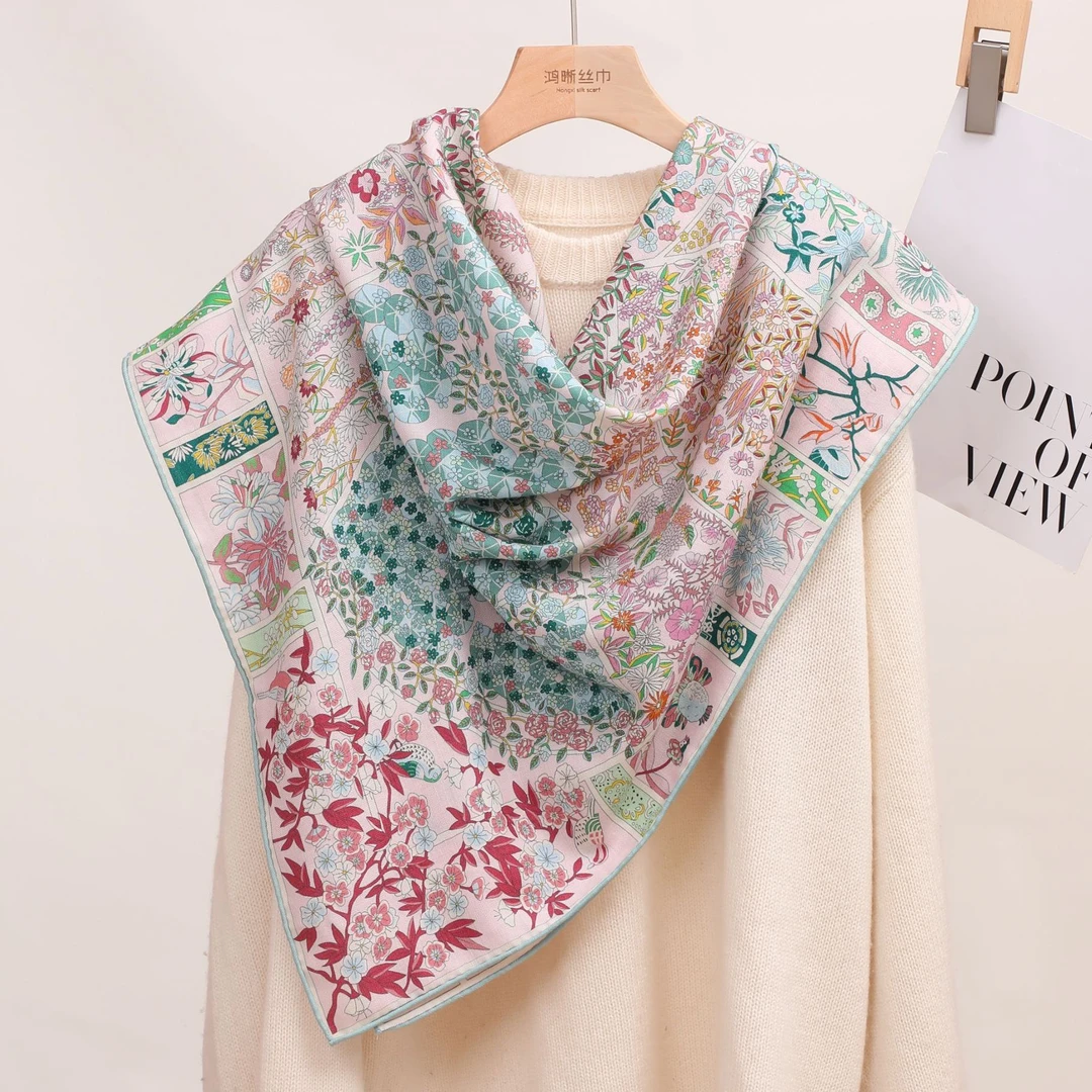 真丝羊毛双面粉色莫奈花园105方巾女士丝巾围巾防晒披肩外搭F281