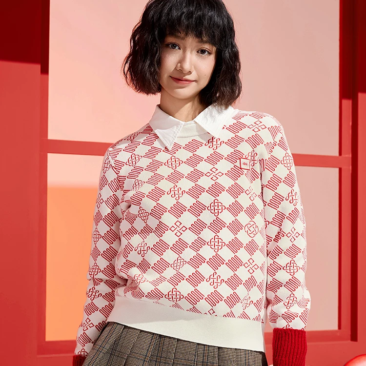 乔丹2025年春季女子毛衫乔丹质燥时尚休闲圆领复古套头短款毛衣