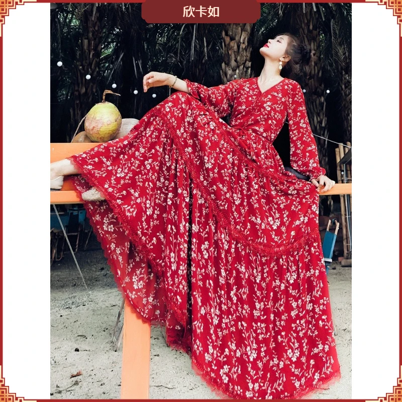 I春夏新款v领边连衣裙女抽绳流苏收腰显瘦印花长裙大摆连衣裙I