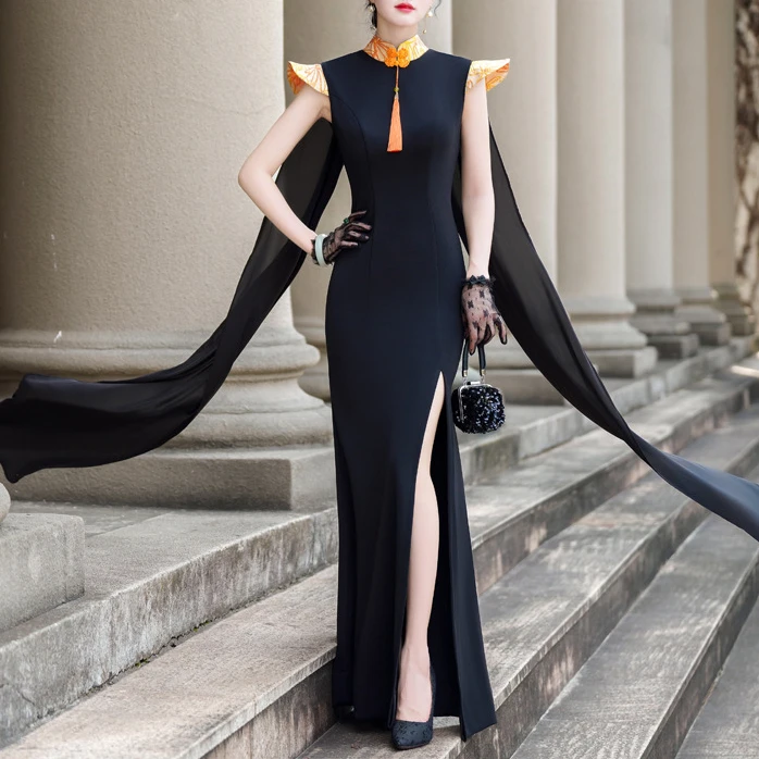 弹力免烫大气修身小飞袖改良加长年轻款旗袍礼服裙主持走秀显瘦女