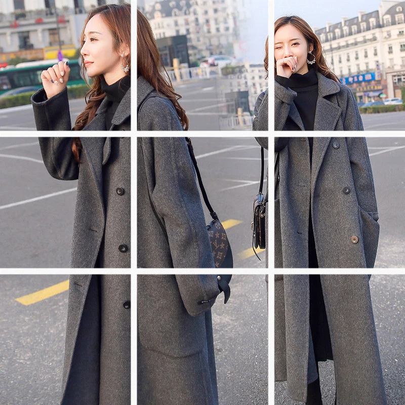 毛呢外套女中长款秋冬新款赫本流行长款过膝灰色加厚呢子大衣潮
