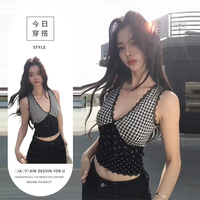 辣妹性感黑色吊带背心女秋季碎花开衫外套短款无袖上衣两件套装潮