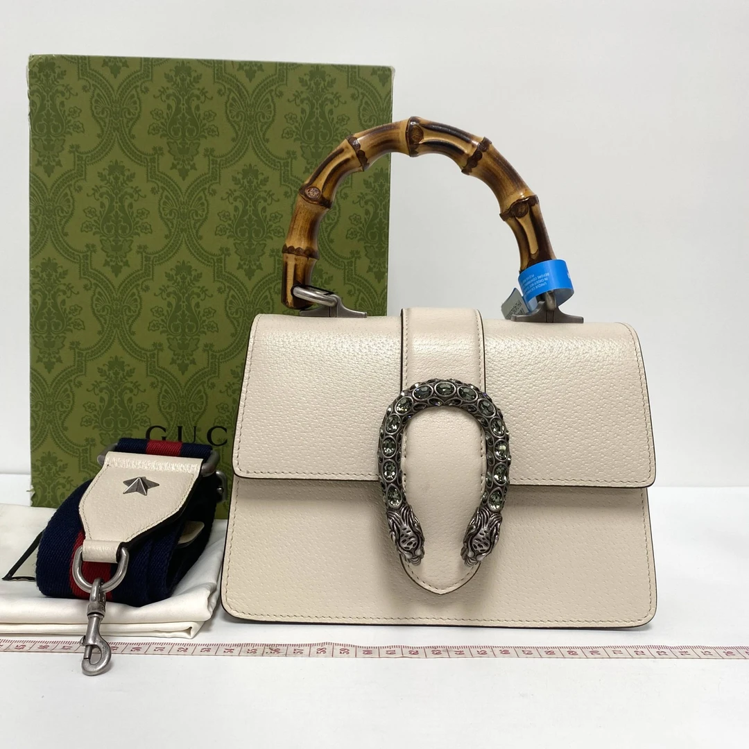 95新 GUCCI/古驰 玺越奢品 古驰白色钻扣口盖竹节手提包 THHZ2846