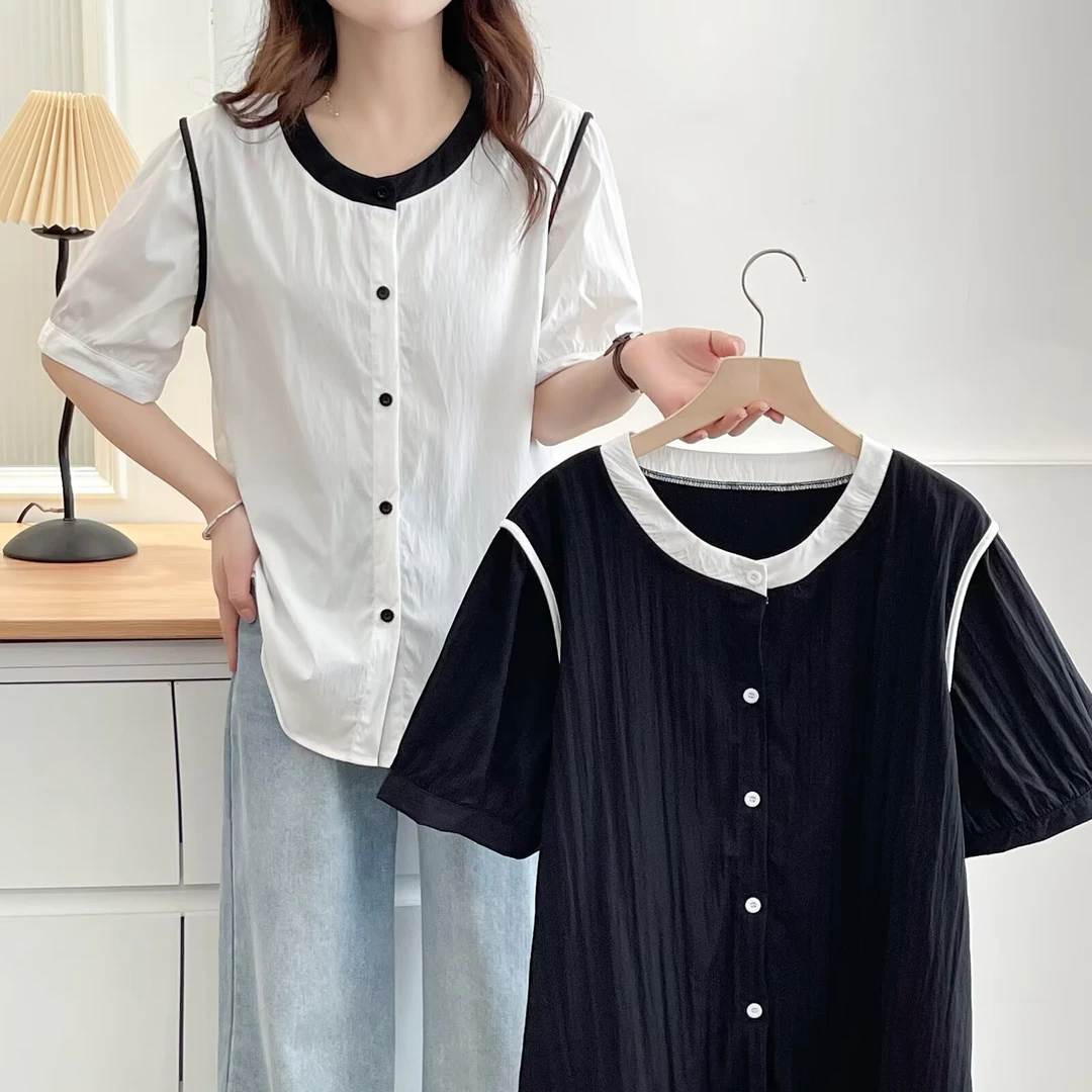 大码女装夏装新款时尚简约圆领拼色短袖衬衫显瘦复古百搭拼接上衣