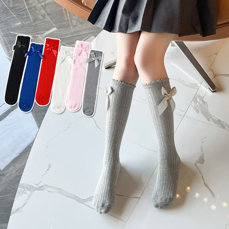 棉长筒袜中筒袜竖条蝴蝶结女孩袜子公主风儿童女童宝宝春秋黑白