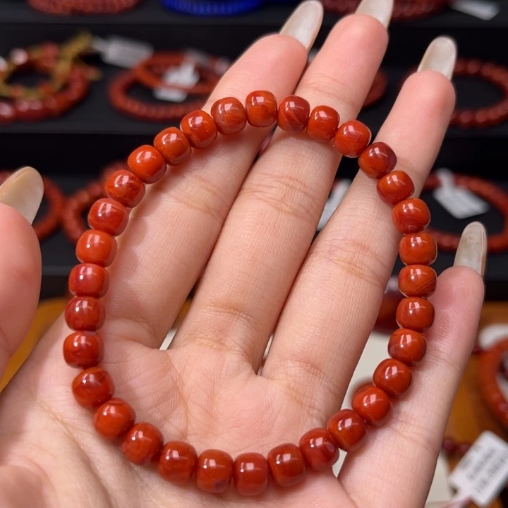 南红玛瑙未镶嵌手链柿子红玫红双色6.5+mm老型手串