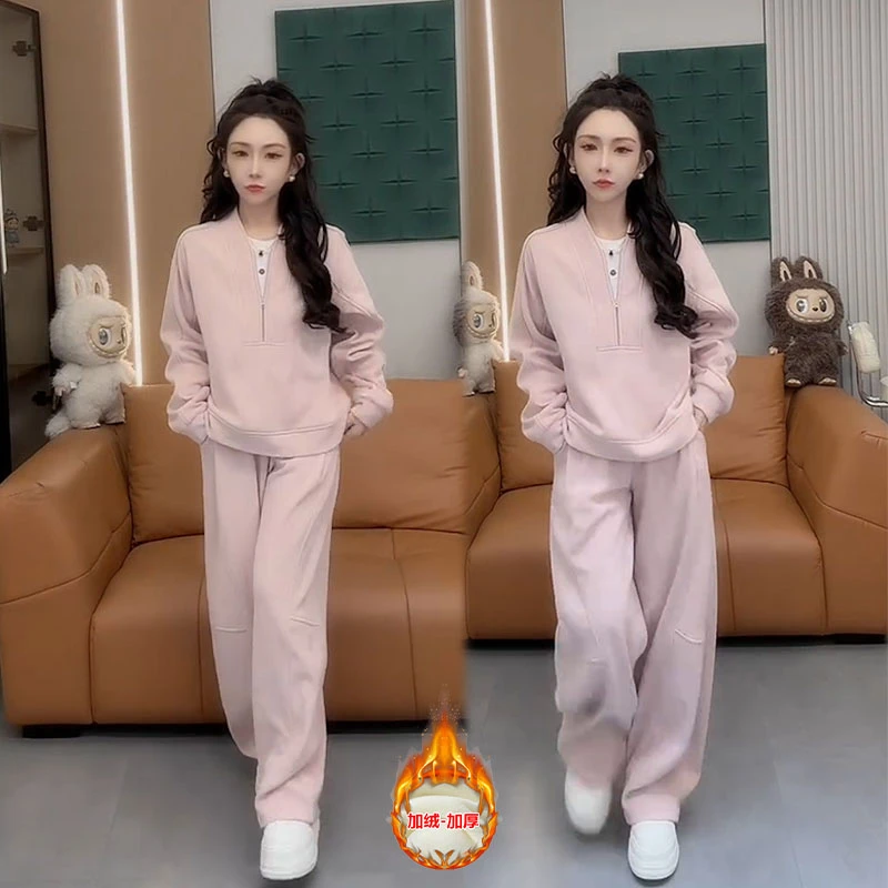 2025早秋新款设计感通勤风显瘦休闲风长袖加绒卫衣女卫裤两件套装