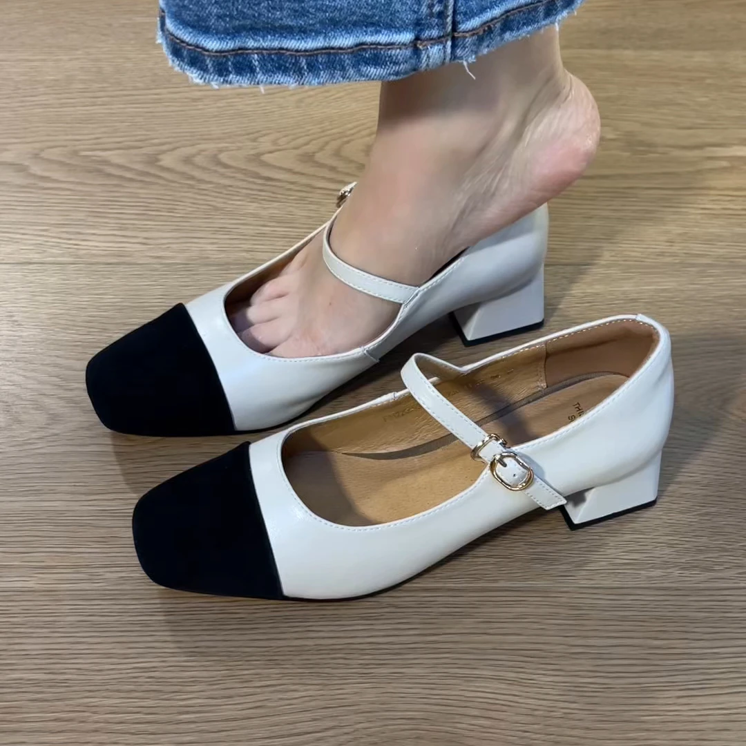 2025新款玛丽珍粗跟优雅小众设计百搭简约法式方头真皮拼接女单鞋