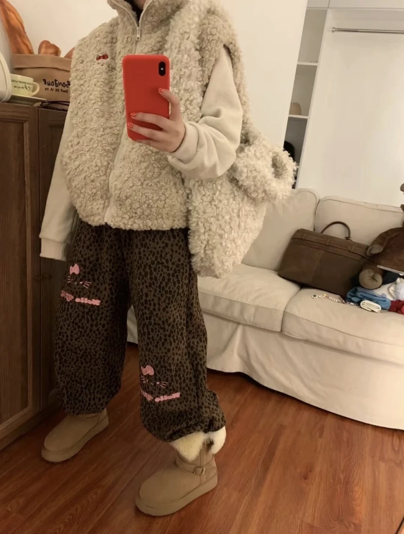 YD-韩系！kt豹纹裤子25秋冬加绒加厚宽松版休闲长裤女