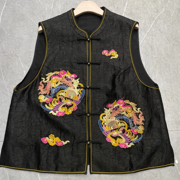 衣衣家桑蚕丝龟裂纹凤凰盘金线刺绣马甲480088