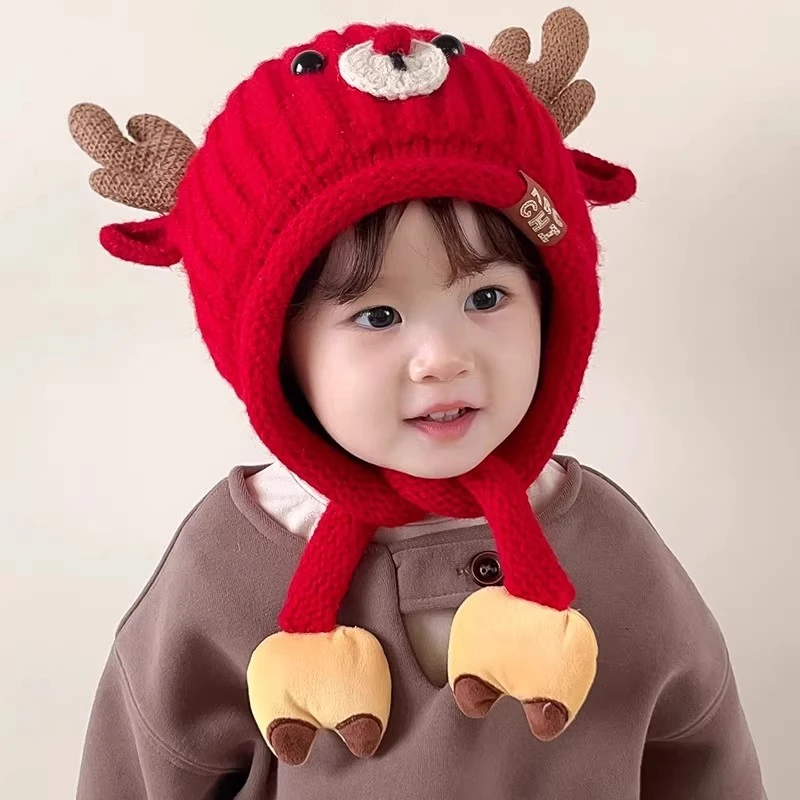 宝宝帽子冬季麋鹿造型护耳帽男孩女童针织帽秋冬天加厚保暖毛线帽