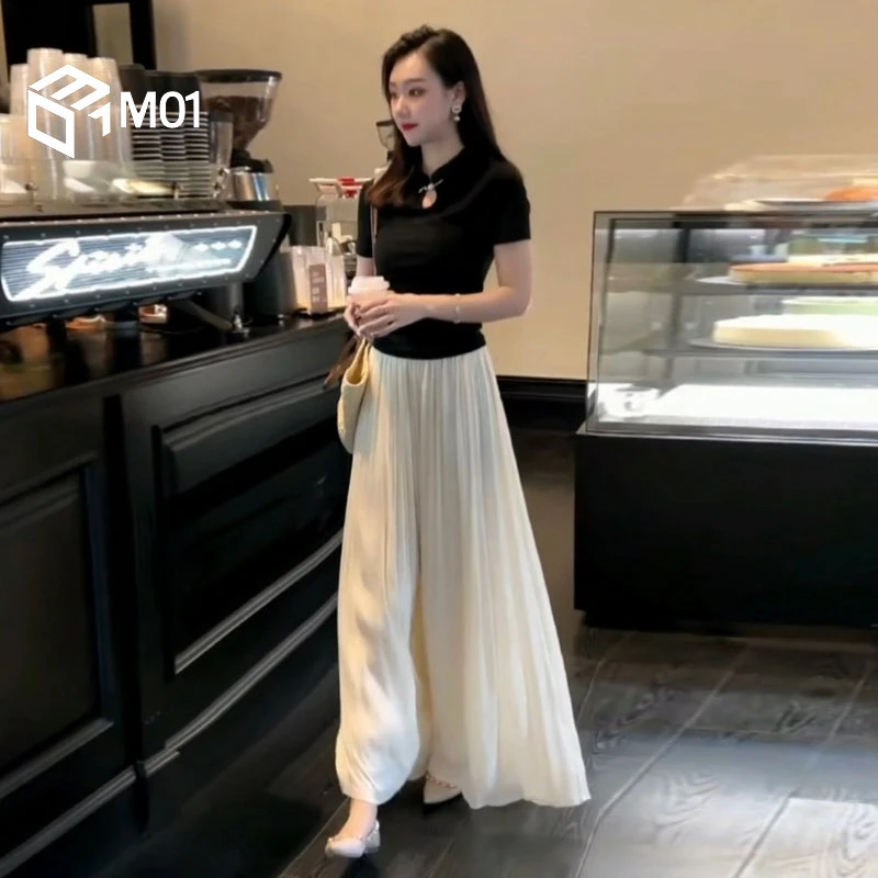 M01白色高腰冰丝阔腿裤女宽松慵懒风夏季新款垂坠感薄款雪纺裙裤