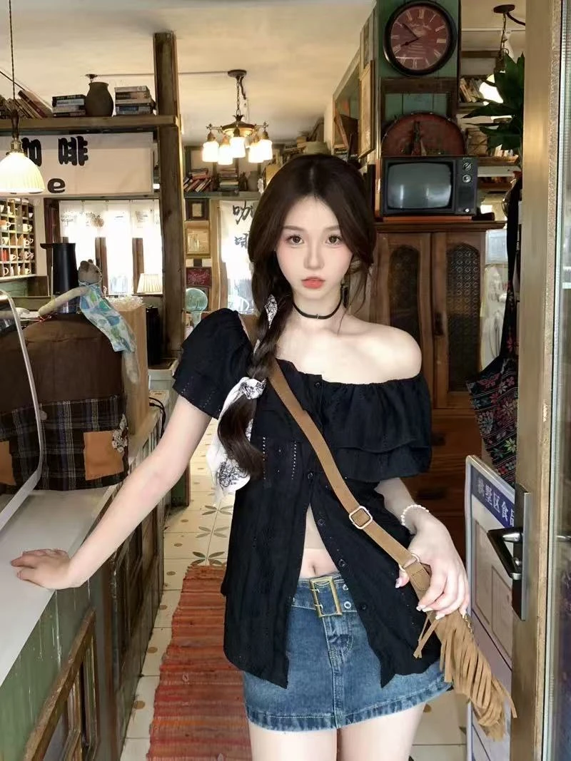 镂空一字领短袖小众法式气质上衣YXX99505