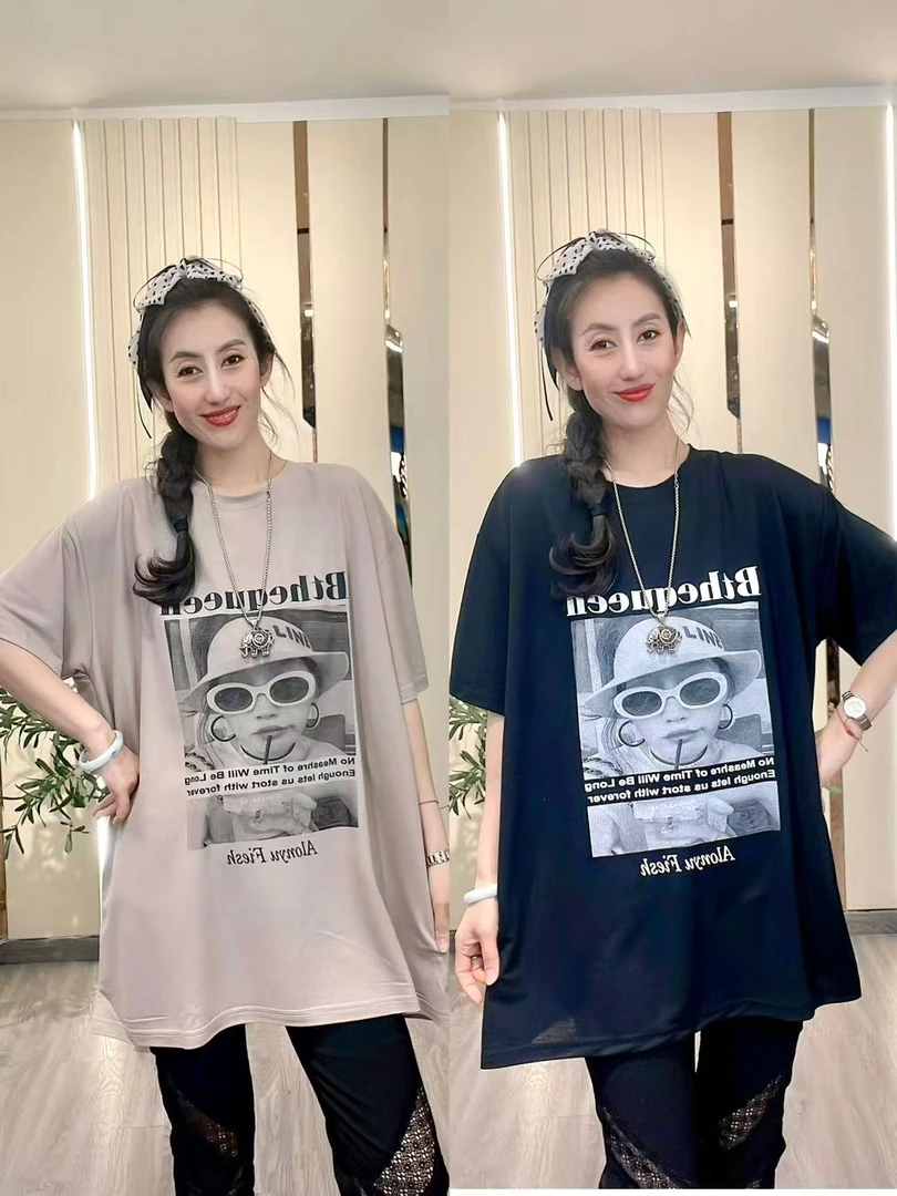 美女印花美背宽松休闲T恤